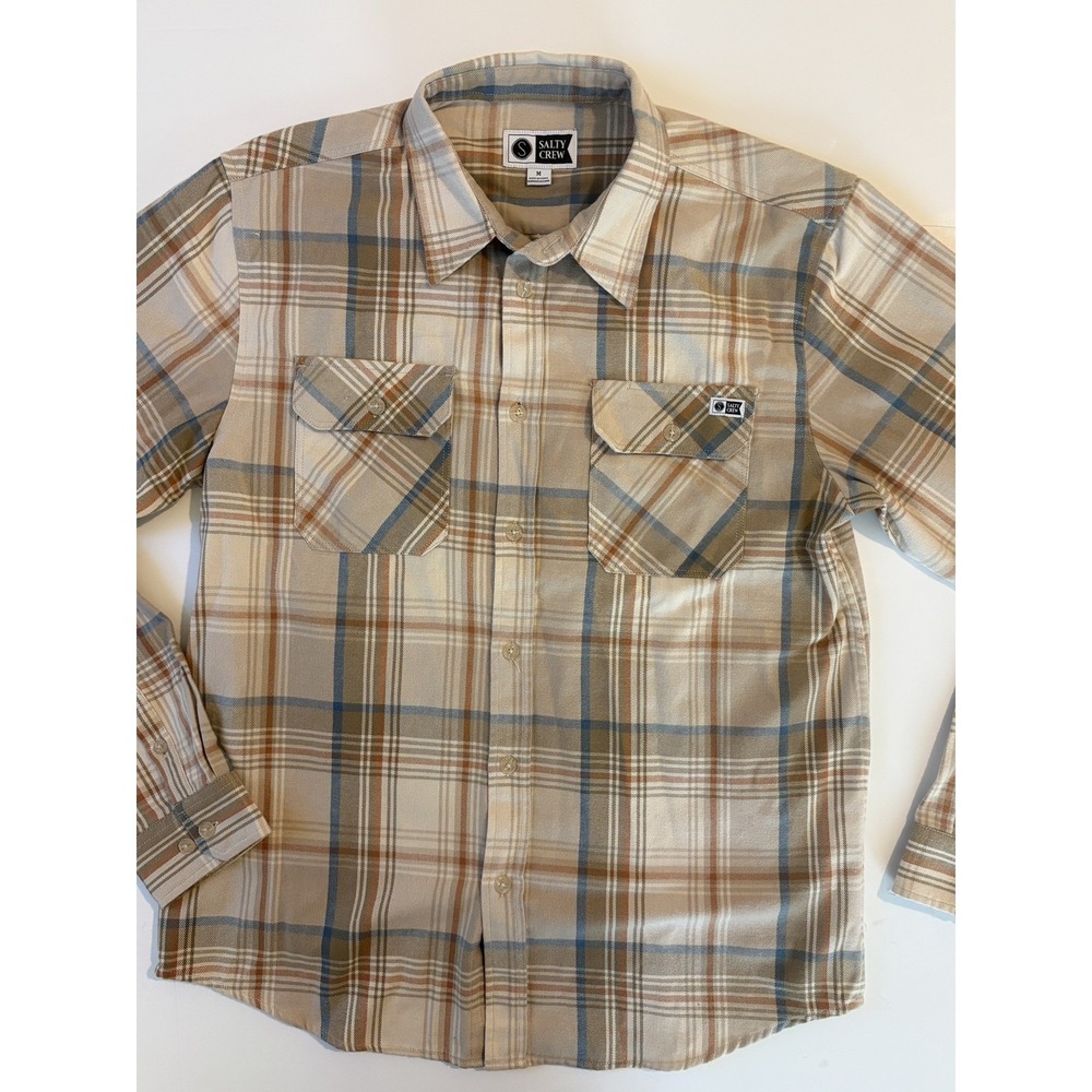 Salty Crew Men's Plaid Flannel Button Down Shirt Tan Blue Orange Size Medium